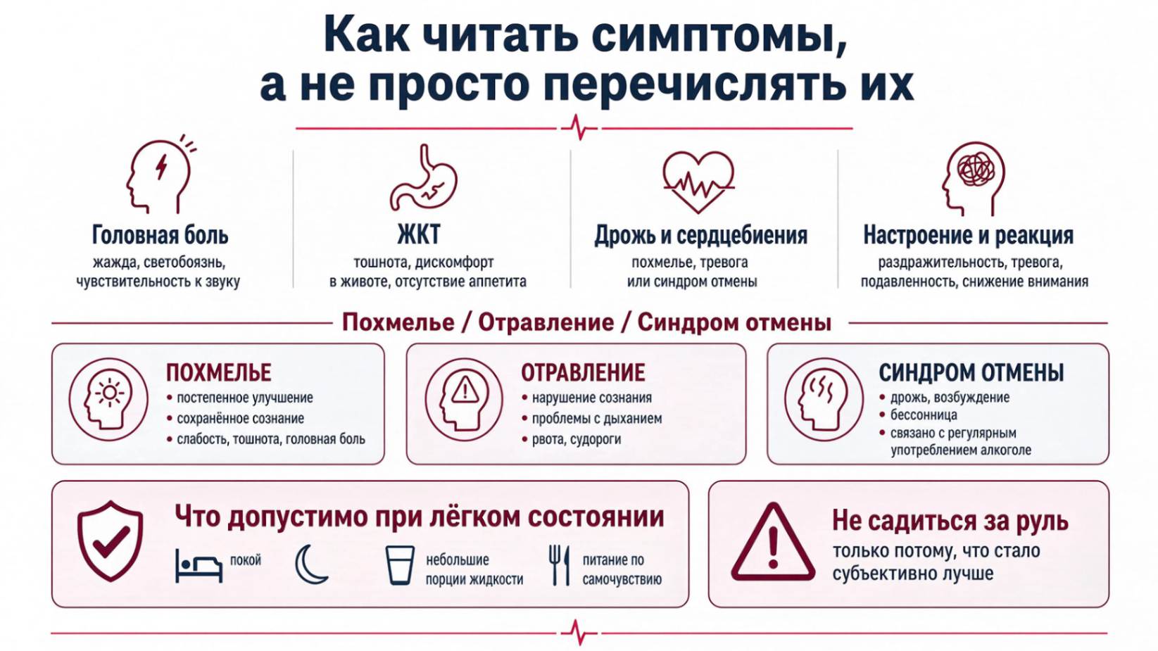 Инфографика: Как читать симптомы похмелья, отравления и синдрома отмены алкоголя